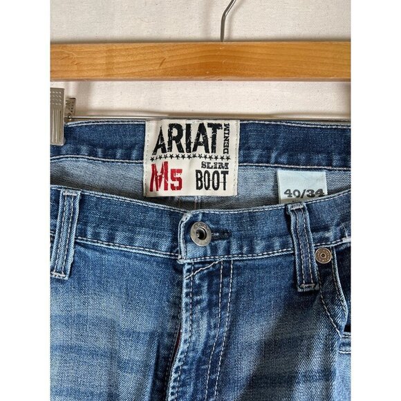 ARIAT M5 Mens Size 40W 34L Denim Blue Jean Slim Bootcut Thrash Distressed Grunge - Picture 2 of 16